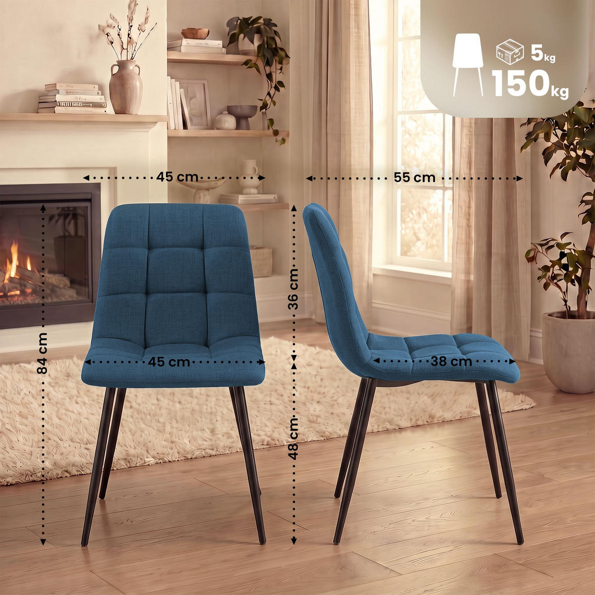 STUHL 2 Stoff Blau - Blau/Schwarz, Textil/Metall (45/84/55cm) - CLP