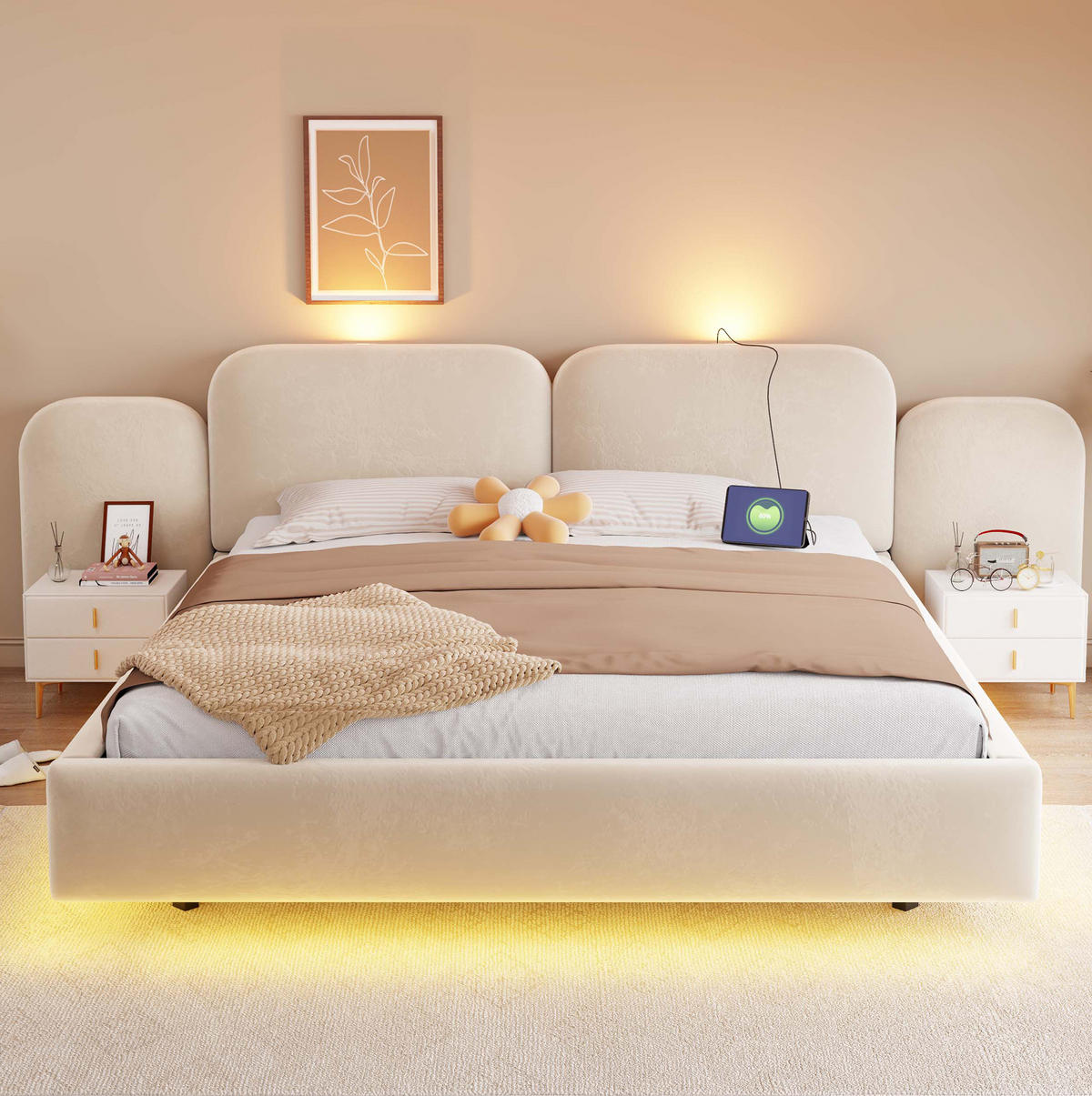 POLSTERBETT aus Samtstoff 180x200 cm Beige mit hydraulischem Bettkasten, RGB-LED und USB-C-Anschluss - Beige, Textil (180/200cm) - Modfu