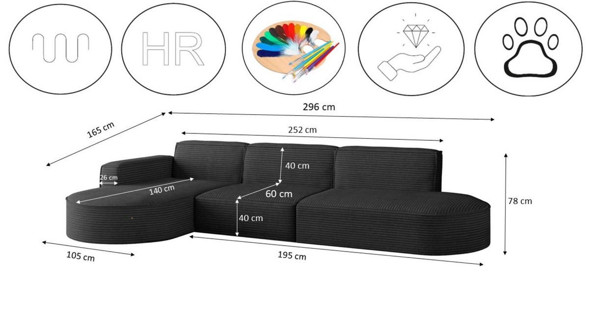 ECKSOFA Designer, Sofa L form MODENA 302 cm stoff Poso Schwarz Rechts - Schwarz, Holz (302/296cm) - Kaiser Möbel
