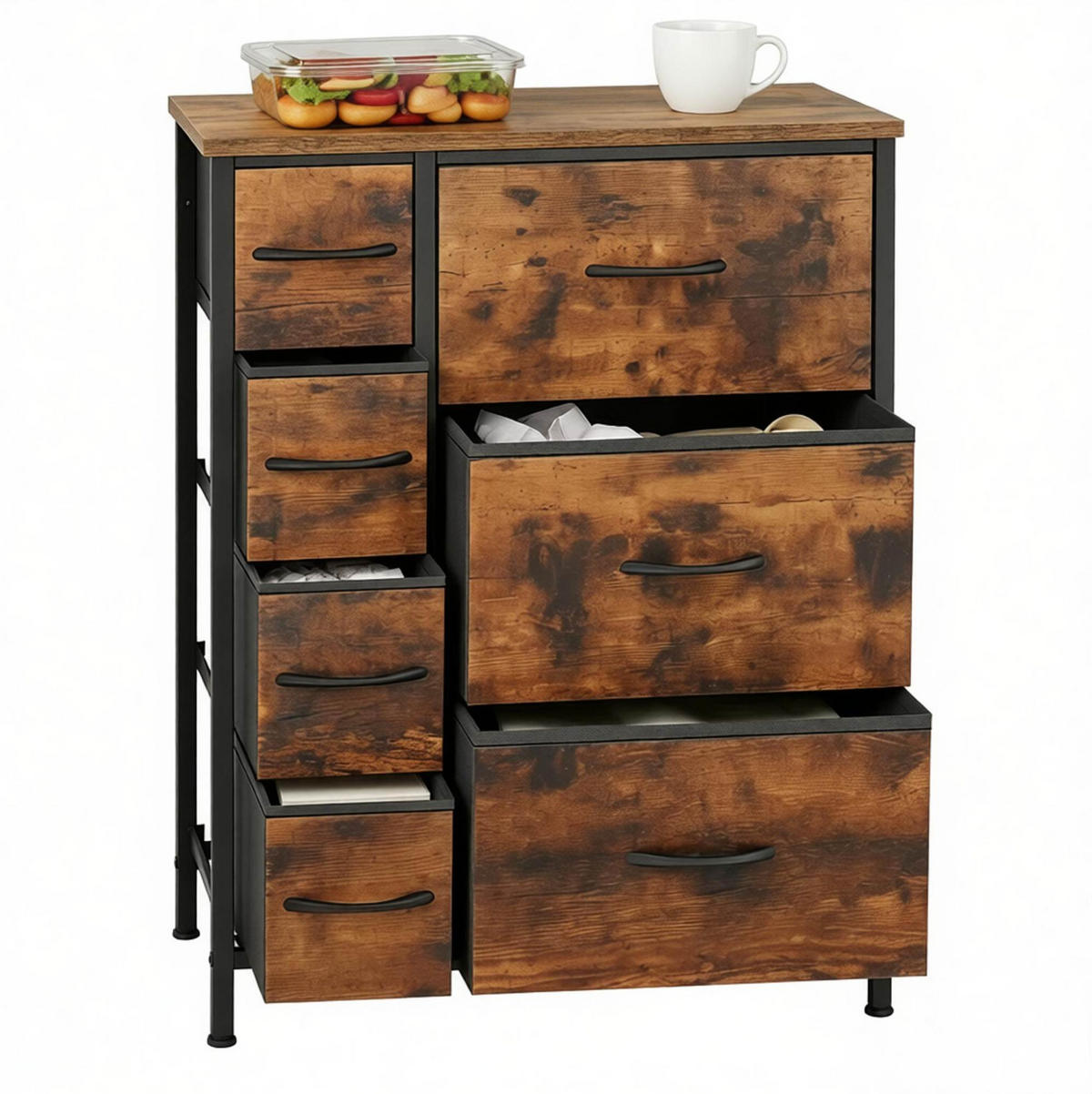 KOMMODE in Rustikalbraun und Schwarz 63,5x30x73 cm mit 7 Stoffschubladen - Braun, Holz (30/73/63.5cm) - IVMEU