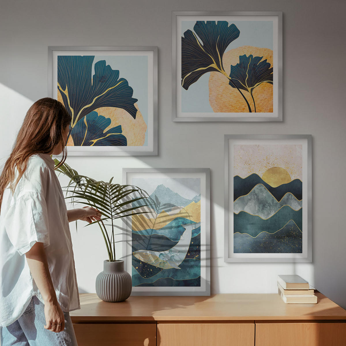 BILDER SET 4er Set - 50x50 cm & 40x60 cm Silberner Rahmen - Abstrakte ästhetische Berge - Silberfarben, Kunststoff (50/50cm) - TULUP