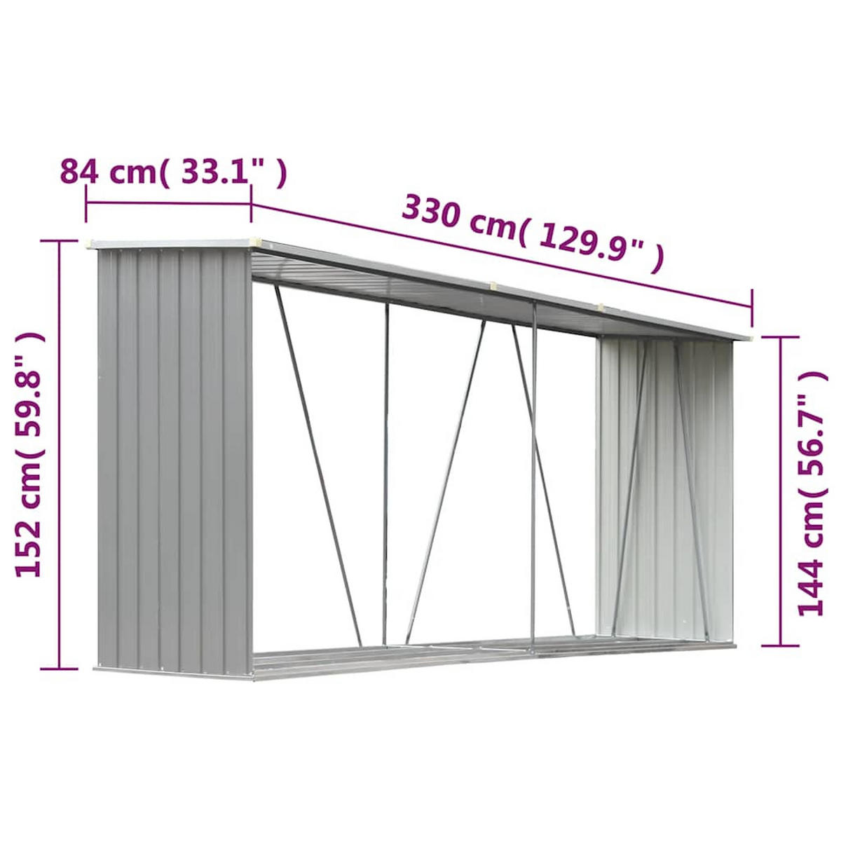BRENHOLZUNTERSTAND 330/84/152 cm, aus Verzinkter Stahl, Grau - Grau, Metall (330/152/84cm) - vidaXL