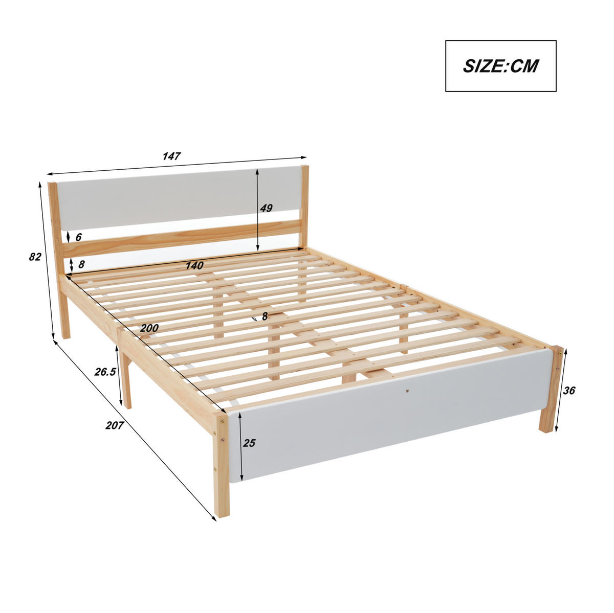 DOPPELBETT aus Kiefernholz und MDF 140x200 cm Weiß/Natur mit Lattenrost und Mittelfüßen - Naturfarben, Holz (140/200cm) - IVMEU