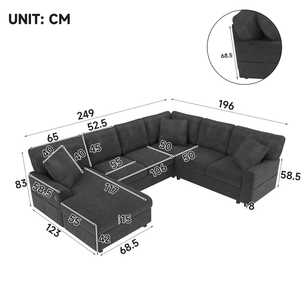 WOHNLANDSCHAFT mit Chaise longue, 3 Kissen, USB/Type-C in Grau - Schwarz, Textil (249/83/196cm) - EVRYAE