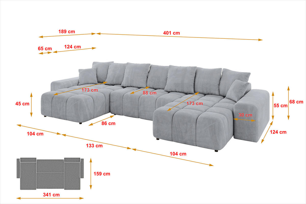 WOHNLANDSCHAFT ENIL-U 401x189x68 Hellgrau Velours - Hellgrau, Holzwerkstoff/Kunststoff (401/68/189cm) - ALTDECOR