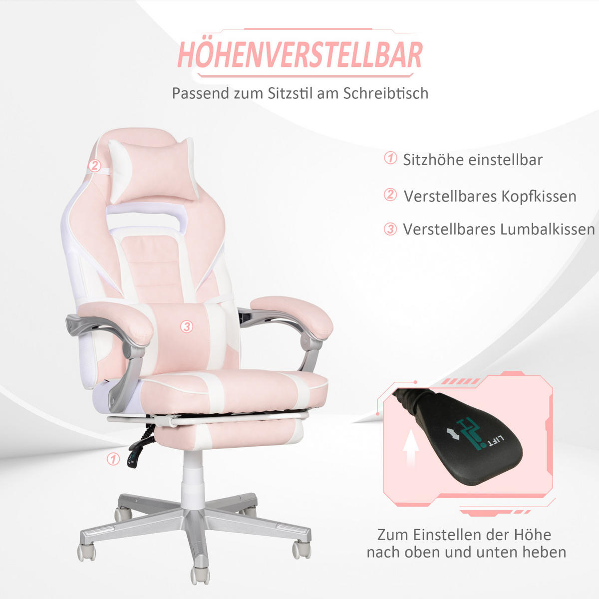 GAMING Stuhl aus Kunstleder mit Fußstütze, höhenverstellbar, drehbar, neigbare Rückenlehne, Kopf- und Lendenkissen, Rosa - Rosa, Leder (50/115.5/63cm) - BRILVERDE