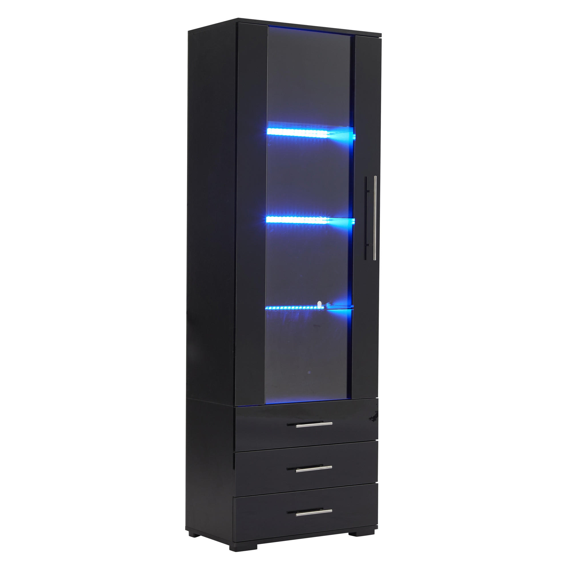 OKWISH VITRÍNA 60/35/180 cm černá z MDF s LED osvětlením a třemi zásuvkami