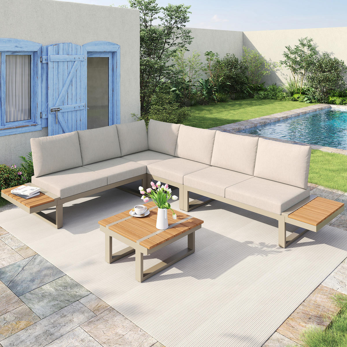 GARTENMÖBEL-SET 218/71/72 cm beige aus Stahl und Polyester mit Ablagen und Liegefunktion - Beige, Metall - OKWISH
