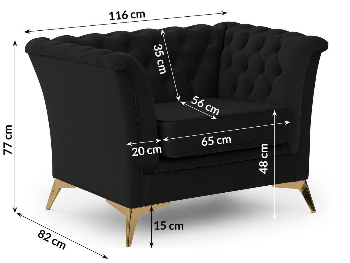 SITZGARNITUR 3+2+1 Chesterfield Whitby Schwarz Samt mit goldenen Füßen - Goldfarben/Schwarz, Holz/Textil (237/78/82cm) - S-Style Möbel