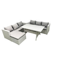 GARTENMÖBEL SET mit Esstisch Polyrattan Hellgrau 7-Sitzer - Hellgrau/Grau, Glas/Kunststoff - Fimous