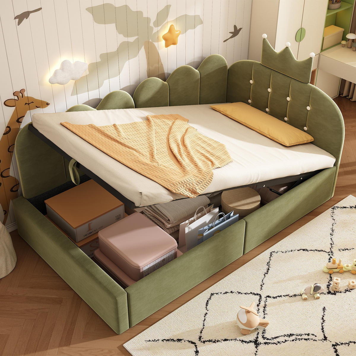 KINDERBETT 90/200 cm DE-00316, in Grün, hydraulischem Stauraum - Grün, Metall (90/200cm) - ComfortXL