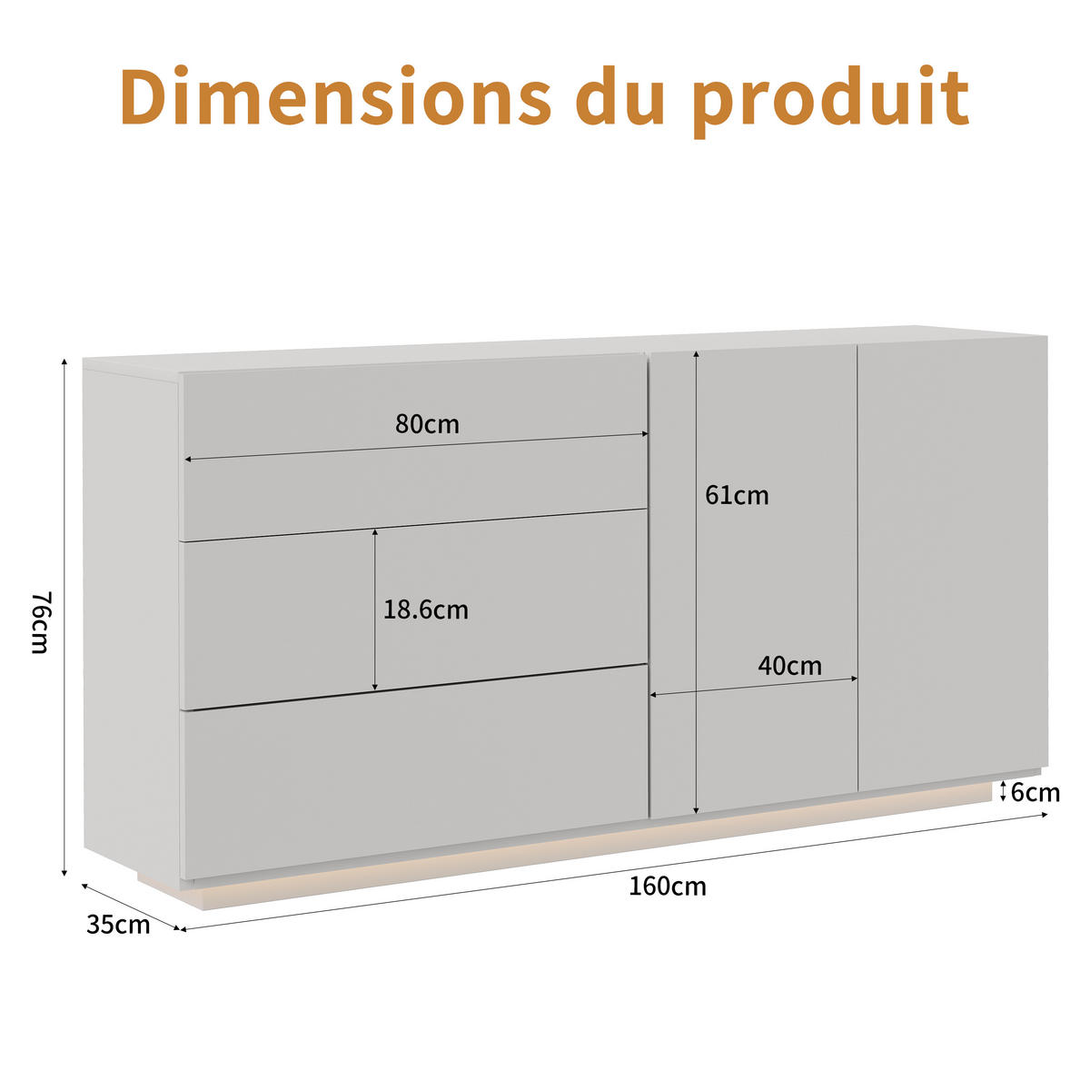 SIDEBOARD 160x35x76 cm, LED, 2 Türen, für Küche und Wohnraum, Weiß - Weiß, Holz (160/76/35cm)