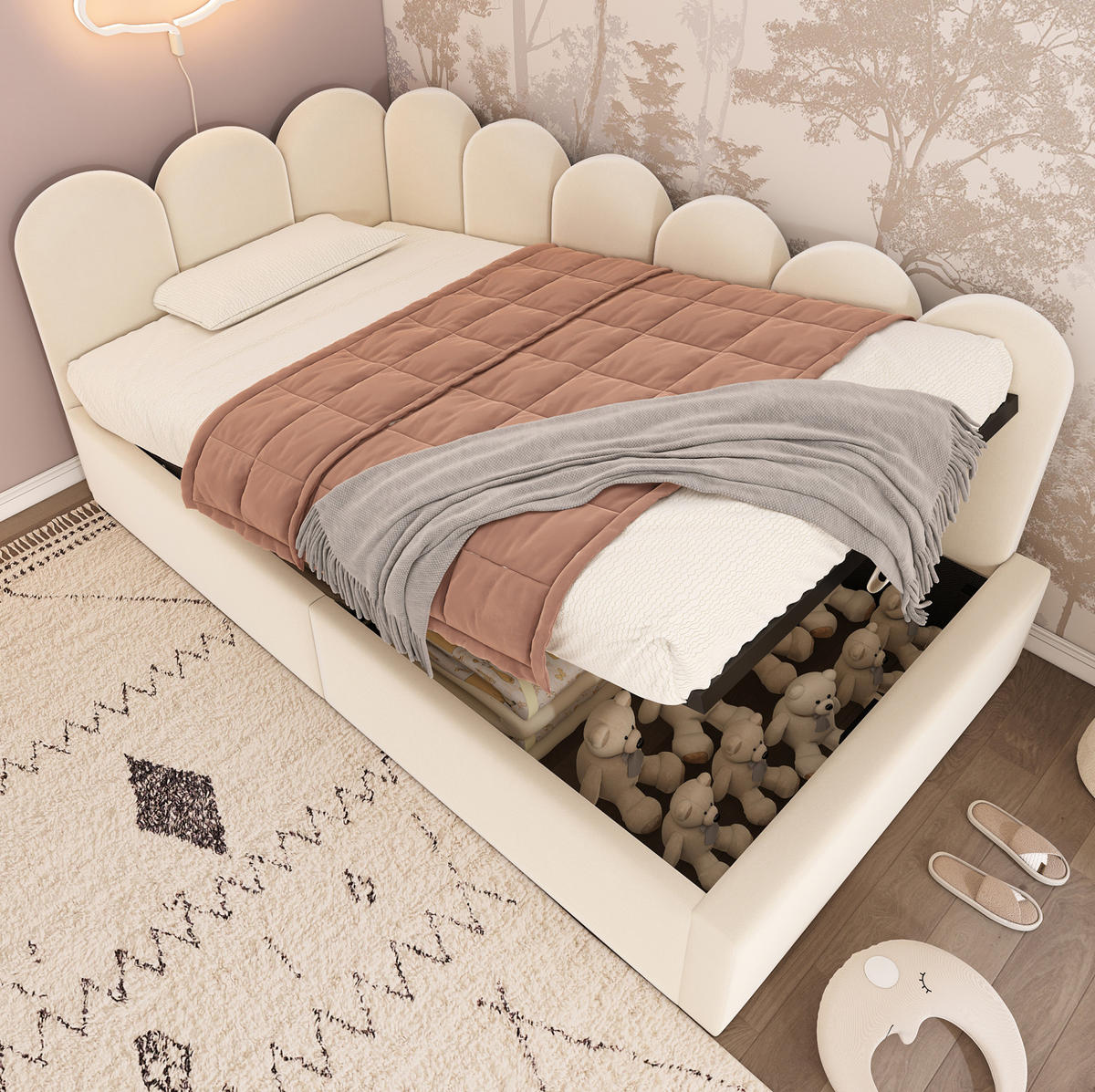 KINDERBETT Polsterbett 90/190 cm aus Samt mit hydraulischem Stauraum Beige - Beige, Textil (90/190cm) - Modenvie