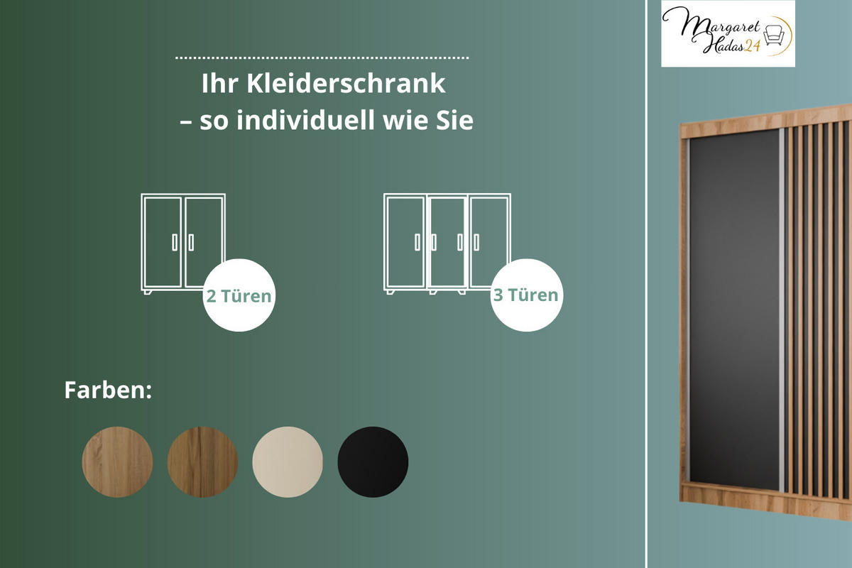 SCHWEBETÜRENSCHRANK Lili 250 cm mit Lamellen 3-türig, schwarz, Lamelle wotan - Eiche Wotan/Schwarz, Kunststoff (250/215/61cm) - Margaret Hadas24