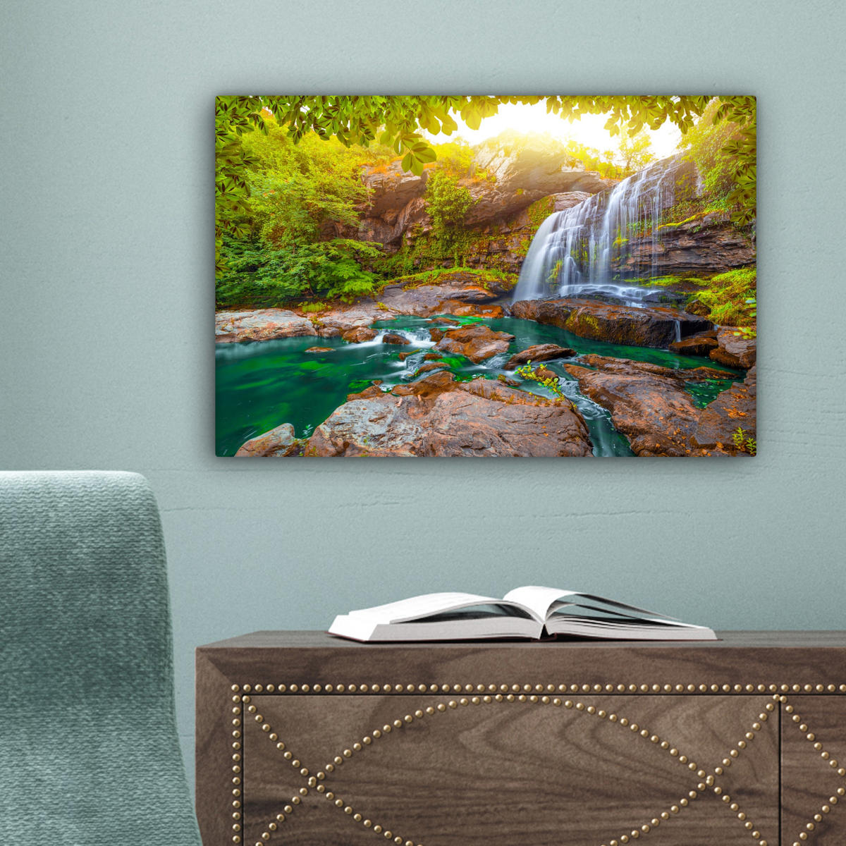 LEINWANDBILD Natur - Wasserfall - Pflanzen - Bäume - Sonne Deko Schlafzimmer 30x20 cm - Olivgrün, Textil (30/20cm) - MuchoWow