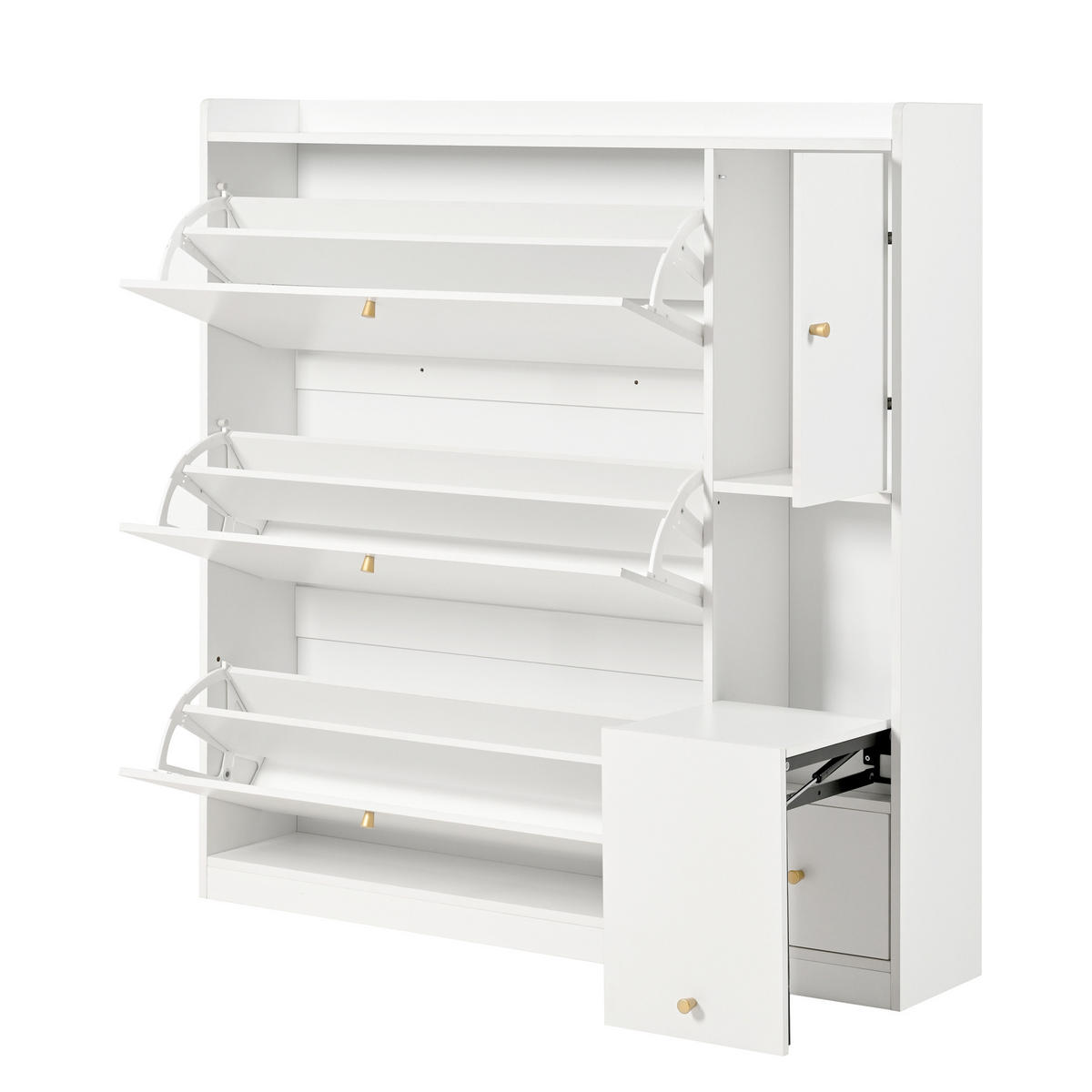 SCHUHSCHRANK 119/24/122 cm mit 3 Klappen, Schublade, klappbarer Sitzbank und verstellbaren Böden, Weiß - Weiß, Holzwerkstoff (119/122/24cm) - Redom