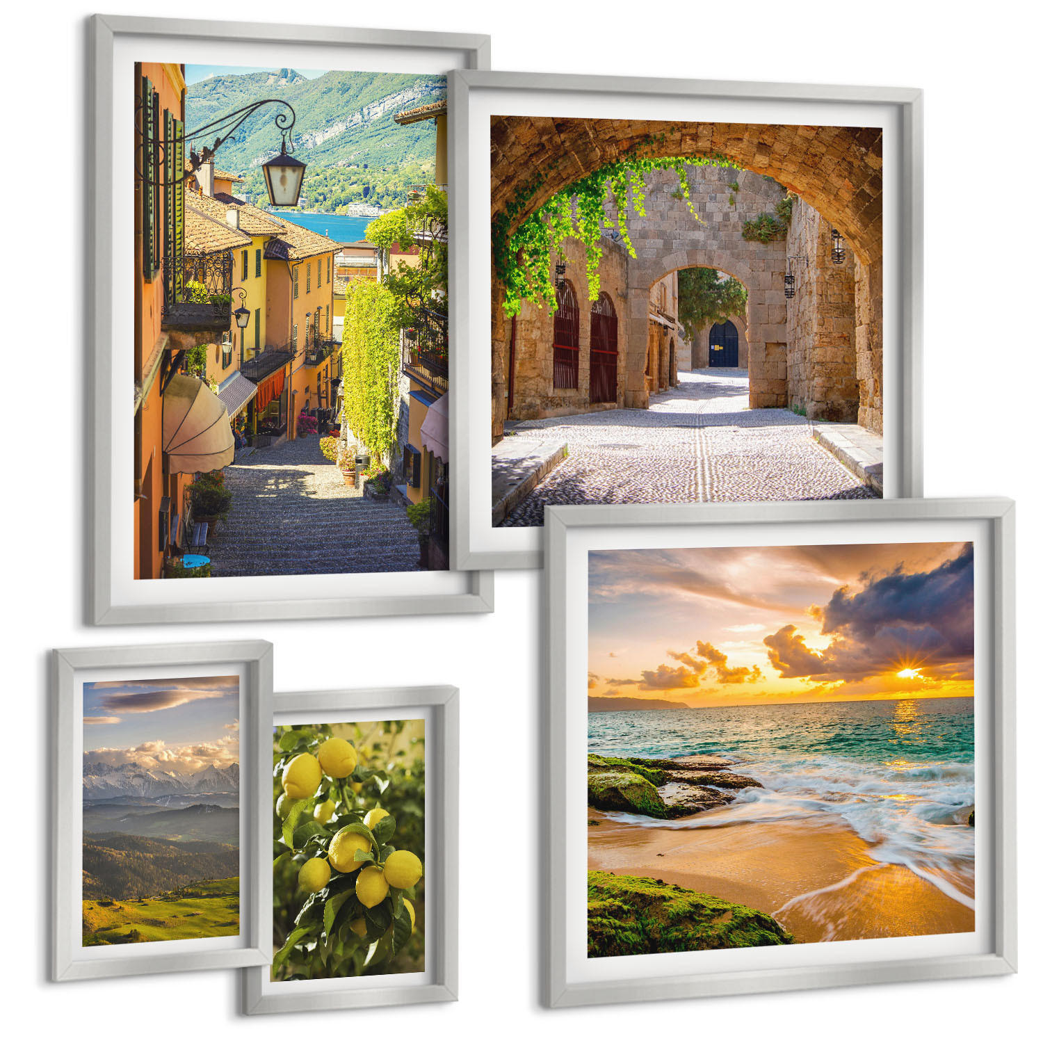 BILDER SET 5er Set - 50x50 cm & 20x30 cm & 40x60 cm Silberner Rahmen - Malerische Straßen am Meer, Strand - Silberfarben, Kunststoff (40/60cm) - TULUP