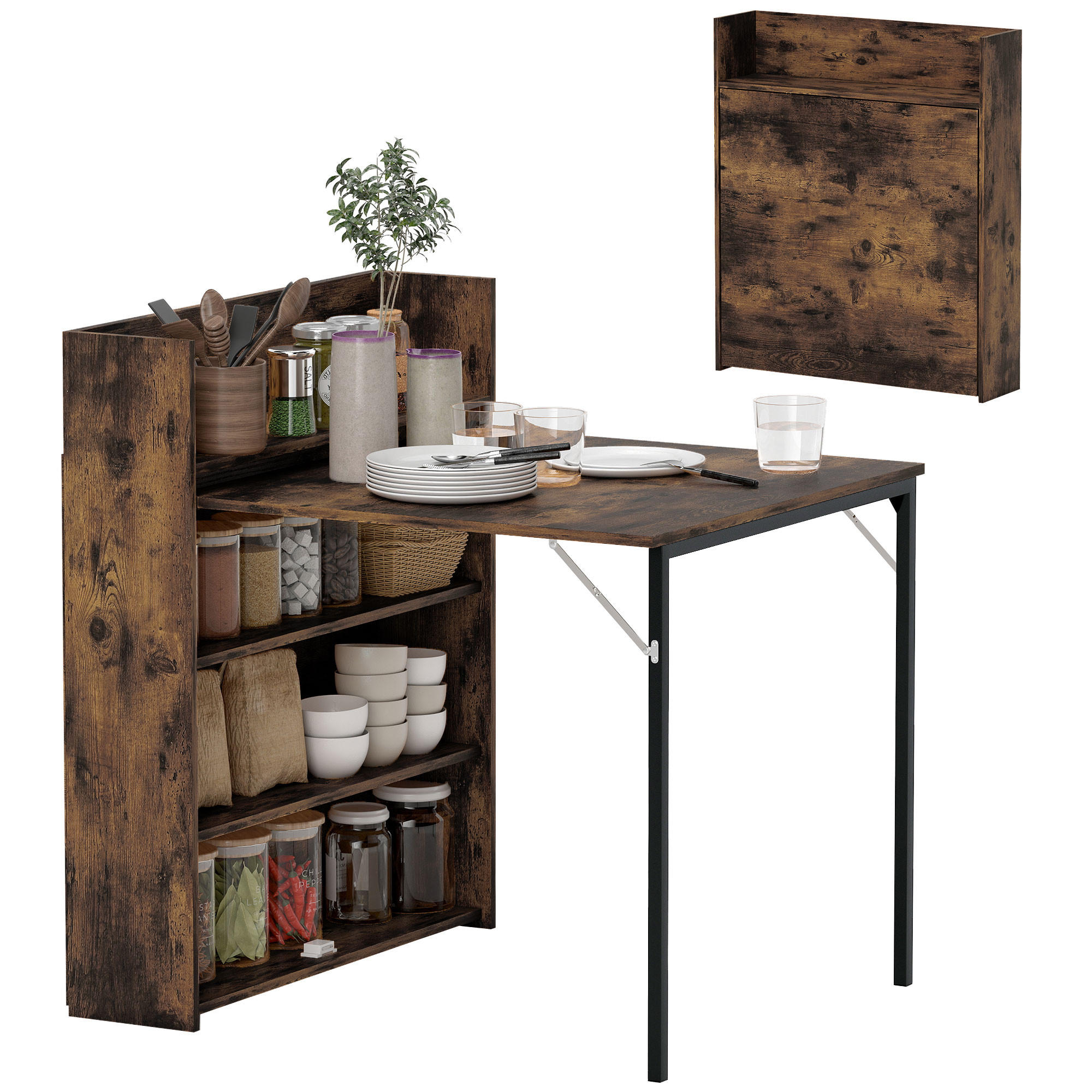 ESSTISCH Klappbar DE-08410 mit Regal, platzsparend Rustikal-Braun - Braun, Holzwerkstoff (90/80/93cm) - ComfortXL