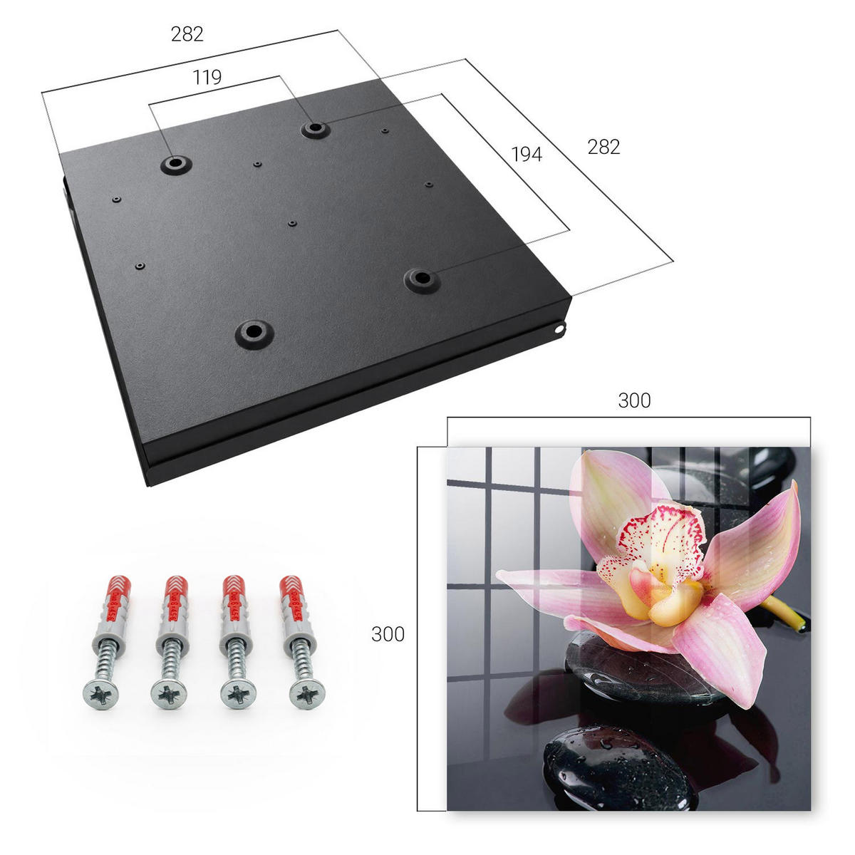 SCHLÜSSELBOX Schwarz 30x30 cm- Türöffnung nach rechts - Orchideensteine - Schwarz, Metall (30/30/5cm) - TULUP