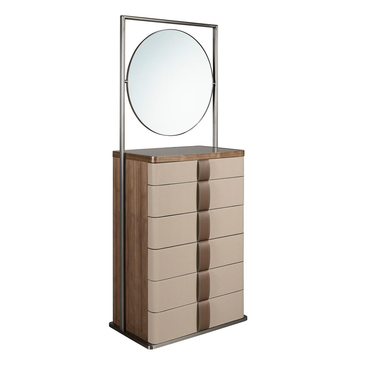 HIGHBOARD Chiffonier Leder, Nussbaum, grauer Stahl und braune Rauchglasplatte mit Spiegel 75/45/185 cm - Silberfarben/Multicolor, Leder/Glas (75/185/45cm) - ANGEL CERDA