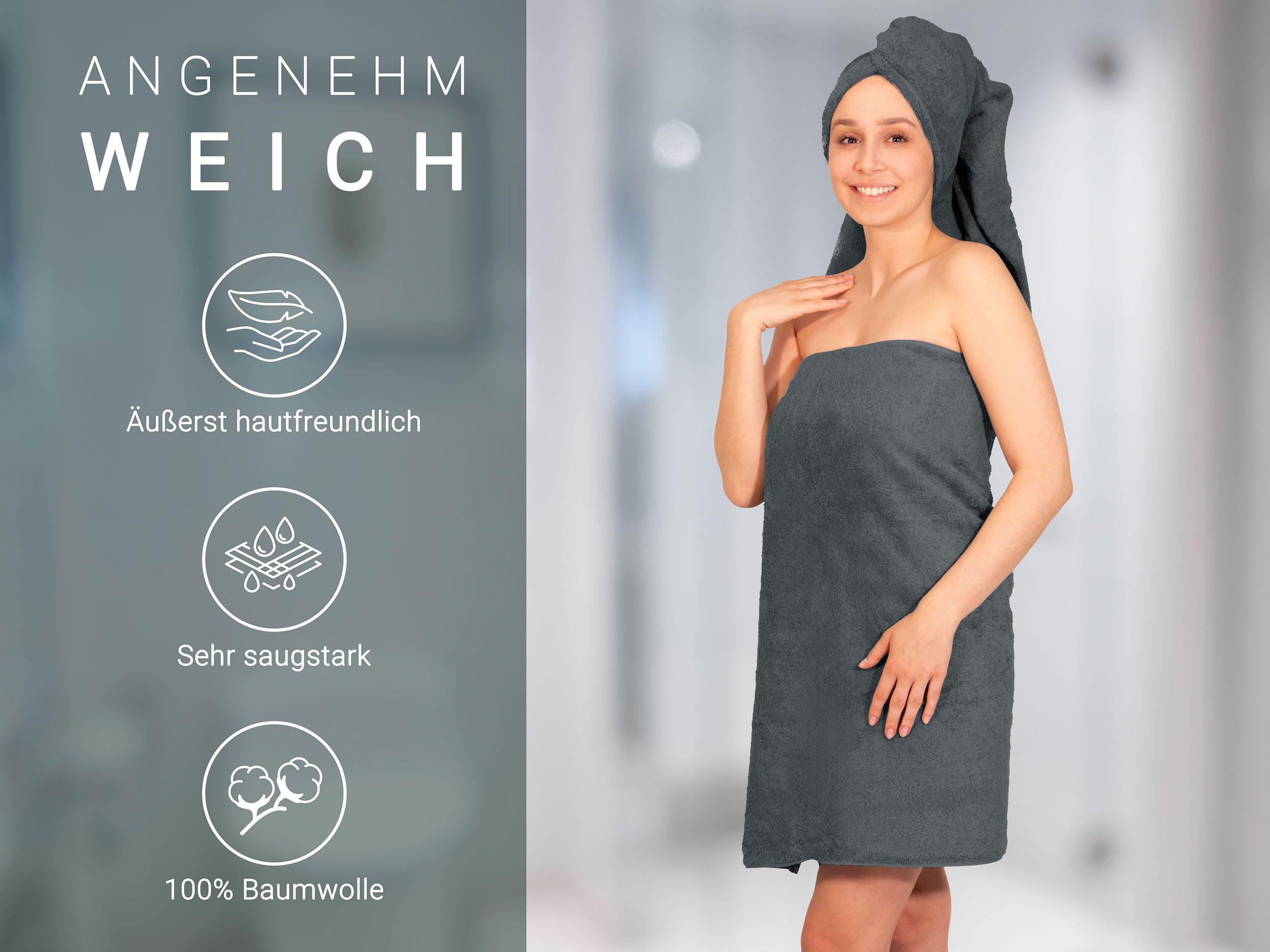 DUSCHTÜCHER, 3er-Set, 70x140 cm, 100% Baumwolle, Grau - Graphitfarben, Textil (70/140cm) - Zollner