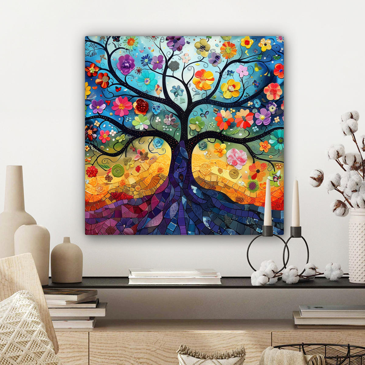 LEINWANDBILD Kunst - Baum des Lebens - Blumen - Hippie Wandbild Wohnzimmer 50x50 cm - Dunkelblau, Textil (50/50cm) - MuchoWow