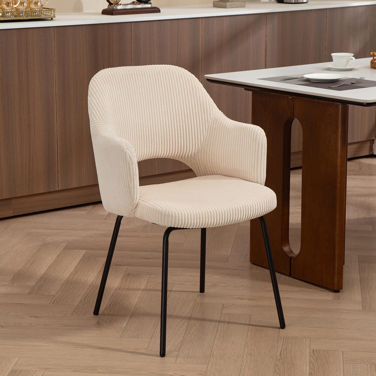 ESSZIMMERSTUHL mit Armlehne Rückenlehne gepolsterte Sitzfäche Beige - Beige/Schwarz, Textil/Metall (57/85.5/62.5cm) - HOMCOM