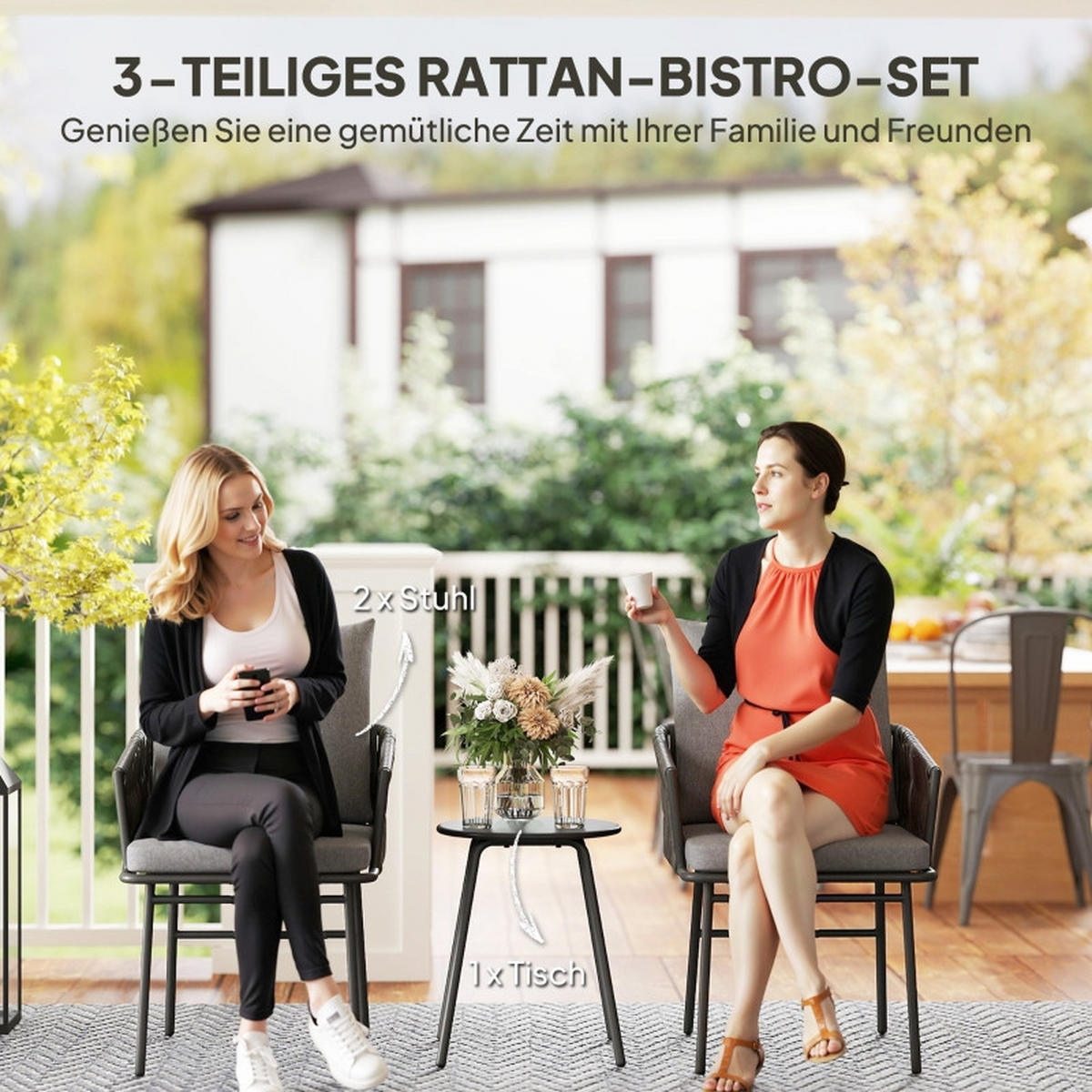 RATTAN BISTROSET 3-tlg. Grau mit 2 Gartensesseln & Couchtisch abnehmbare Kissen - Grau, Metall - ComfortXL