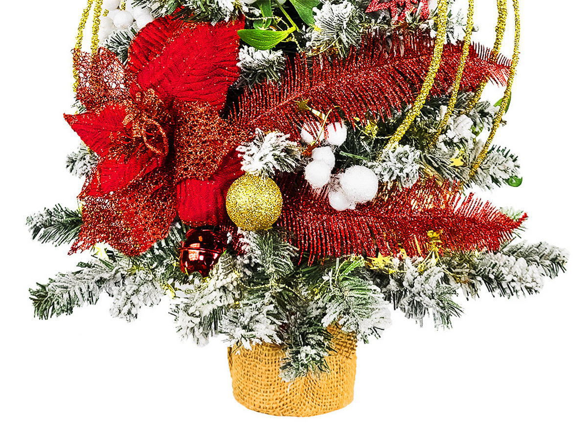 WEIHNACHTSBAUM künstlicher 60 cm mit LED-Beleuchtung, ROTERNUSSKNACKER, mit 35 Weihnachtsbaumschmuck, Pflanztopf mit Jutesack - Rot/Goldfarben, Kunststoff/Stein (40/60cm) - LAALU
