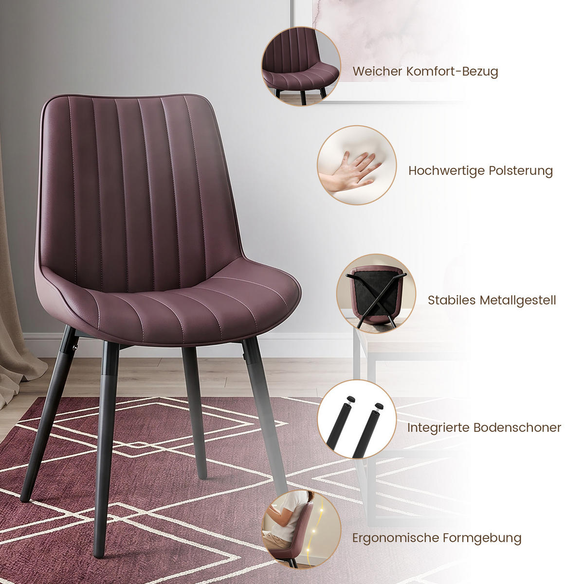 STUHL-SET 4 Stück aus Kunstleder in Modernem Stil-YZ1 - Dunkelbraun, Textil (53/88/62.5cm) - HOMAVO