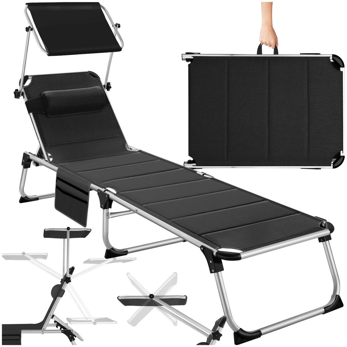 SONNENLIEGE Lorella,220 x 60,5 x 34 cm, mit Seitentasche ,schwarz - Schwarz, Kunststoff (60.5/115/200cm) - tectake