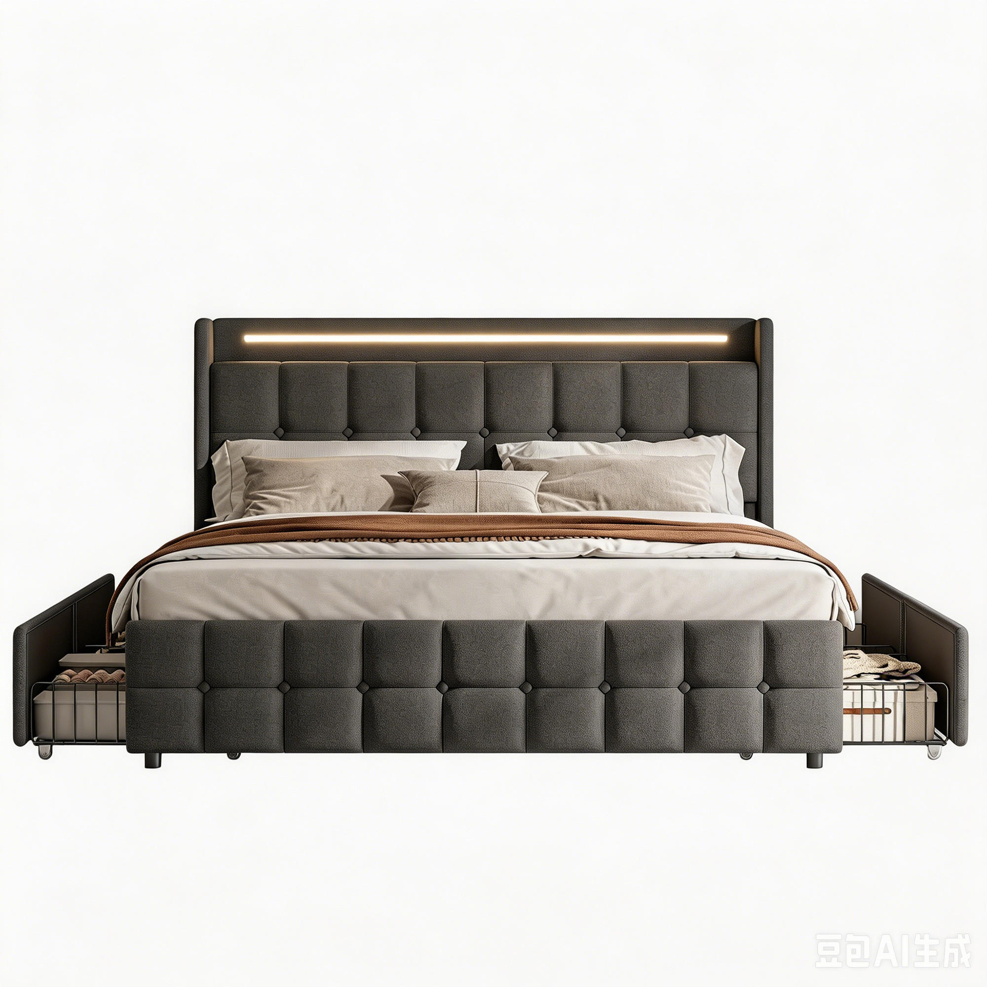 DOPPELBETT 160x200 mit stauraum, polsterbett mit LED, USB, 4 Schublade, Leinenstoff, grau - Dunkelgrau, Textil/Metall (160/200cm) - GENKI LIVING