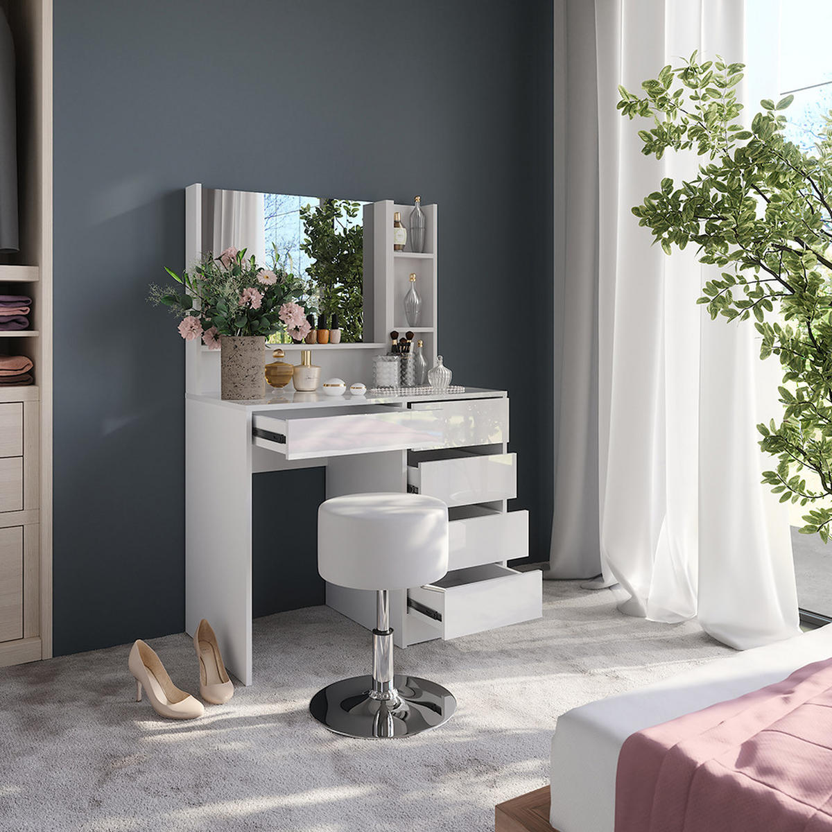 SCHMINKTISCH Sherry Weiß/Weiß Hochglanz 89.8 cm 4 Teile - Weiß Hochglanz, Holzwerkstoff (50.1cm) - Vicco