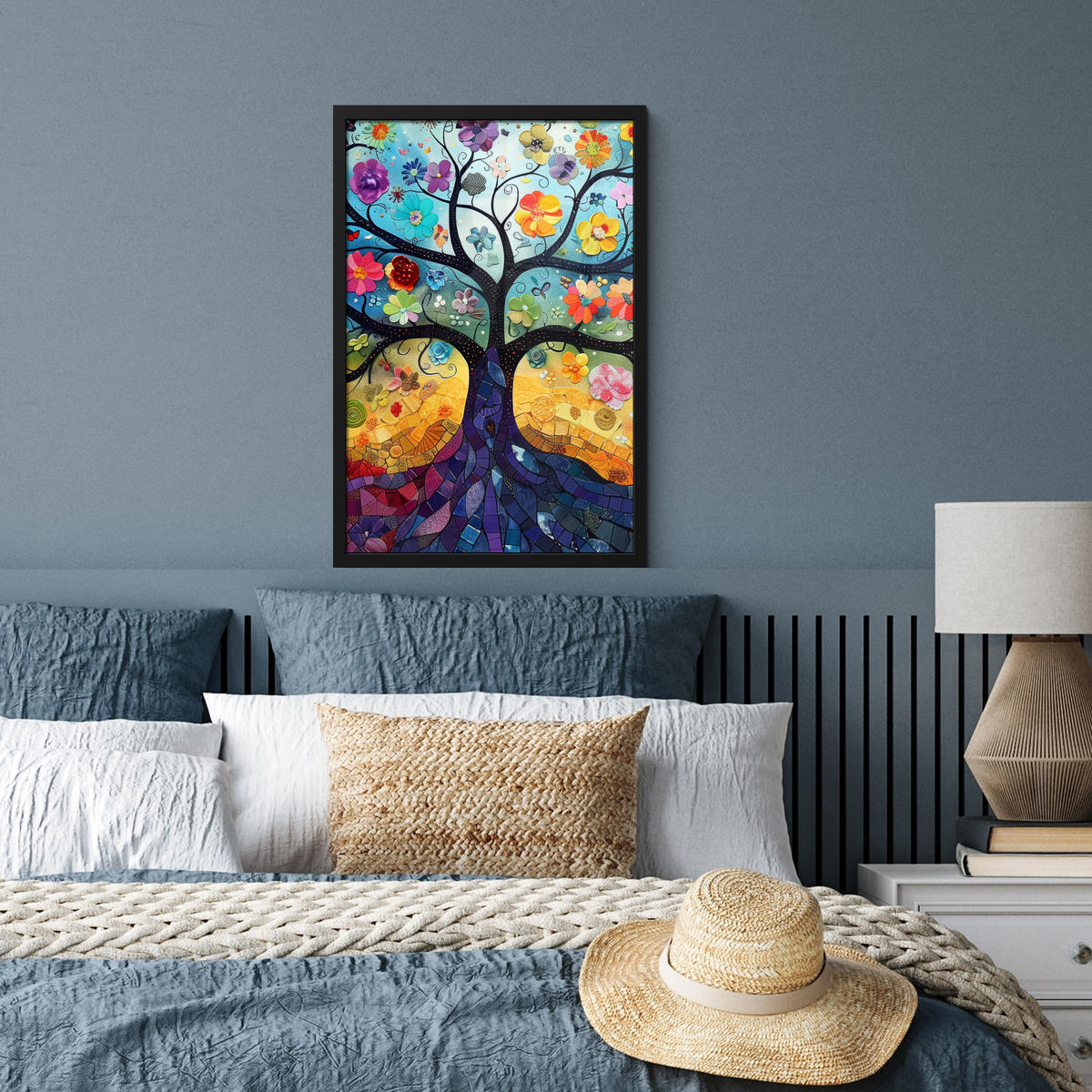 GERAHMTES BILD Kunst - Baum des Lebens - Blumen - Hippie 40x60 cm - Dunkelblau, Papier (40/60cm) - MuchoWow
