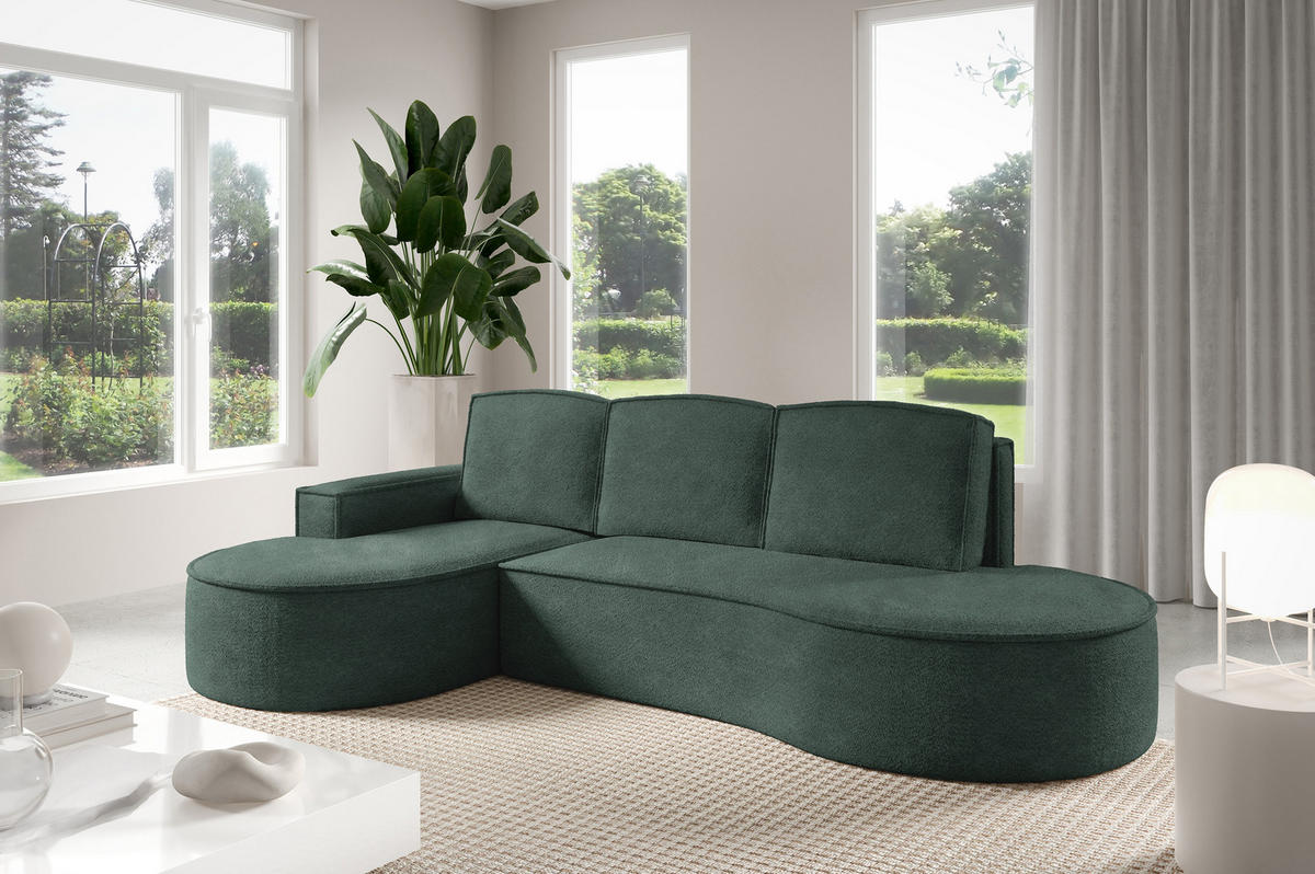 ECKSOFA MOLLY mit Schlaffunktion – Halbrund, freistehend, Liegefläche 140x207 cm, 3 Kissen, Abriamo-Stoff, 277x157x88 cm, Links Grün - Grün, Holz/Textil (157/277cm) - DomoHome