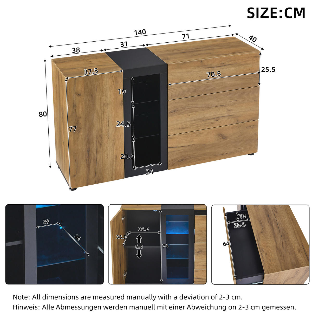 SIDEBOARD aus Spanplatte 140x40x80 cm Schwarz/Braun mit LED-Beleuchtung, 3 Schubladen und Glasböden - Braun, Holzwerkstoff (140/80/40cm) - IVMEU