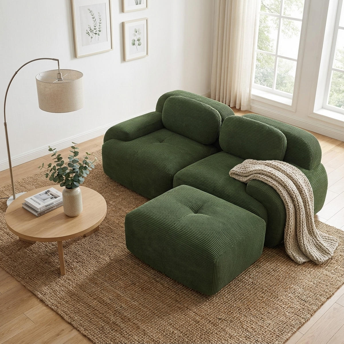 ECKSOFA 3-Sitzer in Premium-Cord Grün Montagefrei & Rutschfest - Grün, Textil (208/178cm) - Urban Meuble