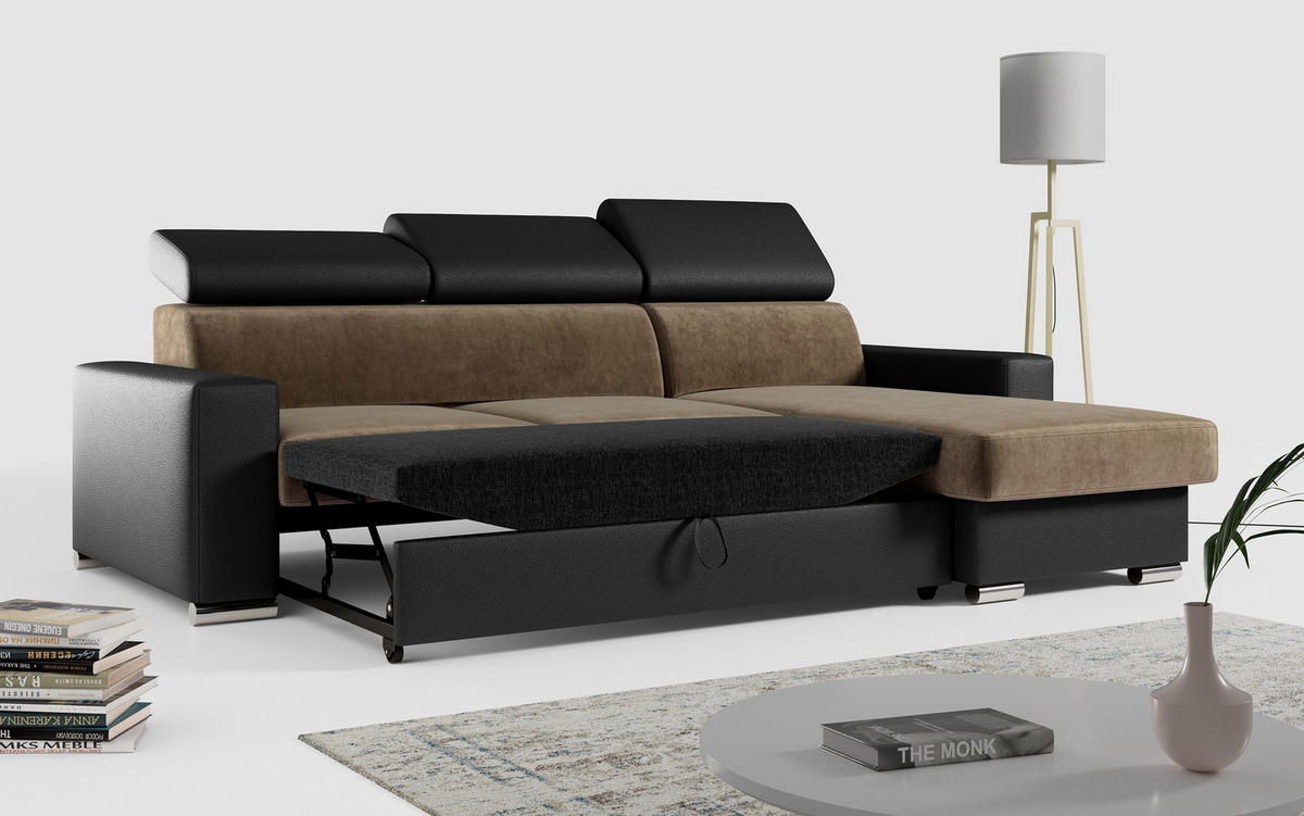 ECKSOFA FOX-L Braun/Schwarz - Silberfarben/Schwarz, Kunststoff/Textil (242/168cm) - MKS