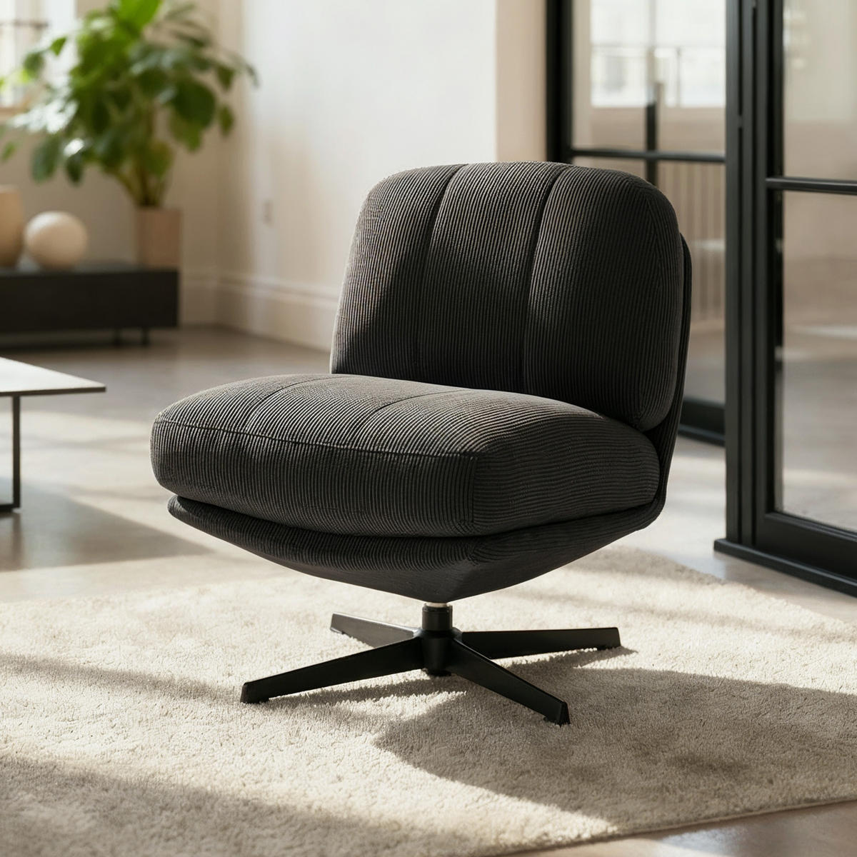 DREHSESSEL Lena aus moderner Cord anthrazitfarbenem - Schwarz/Grau, Textil/Metall (67/80/78cm) - Sicaan