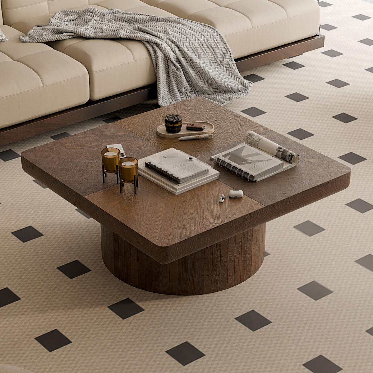 COUCHTISCH 78/78/38 cm walnuss aus Massivholz und MDF mit Parquet-Design und zylindrischem Sockel - Walnussfarben, Holz (78/78/38cm) - OKWISH