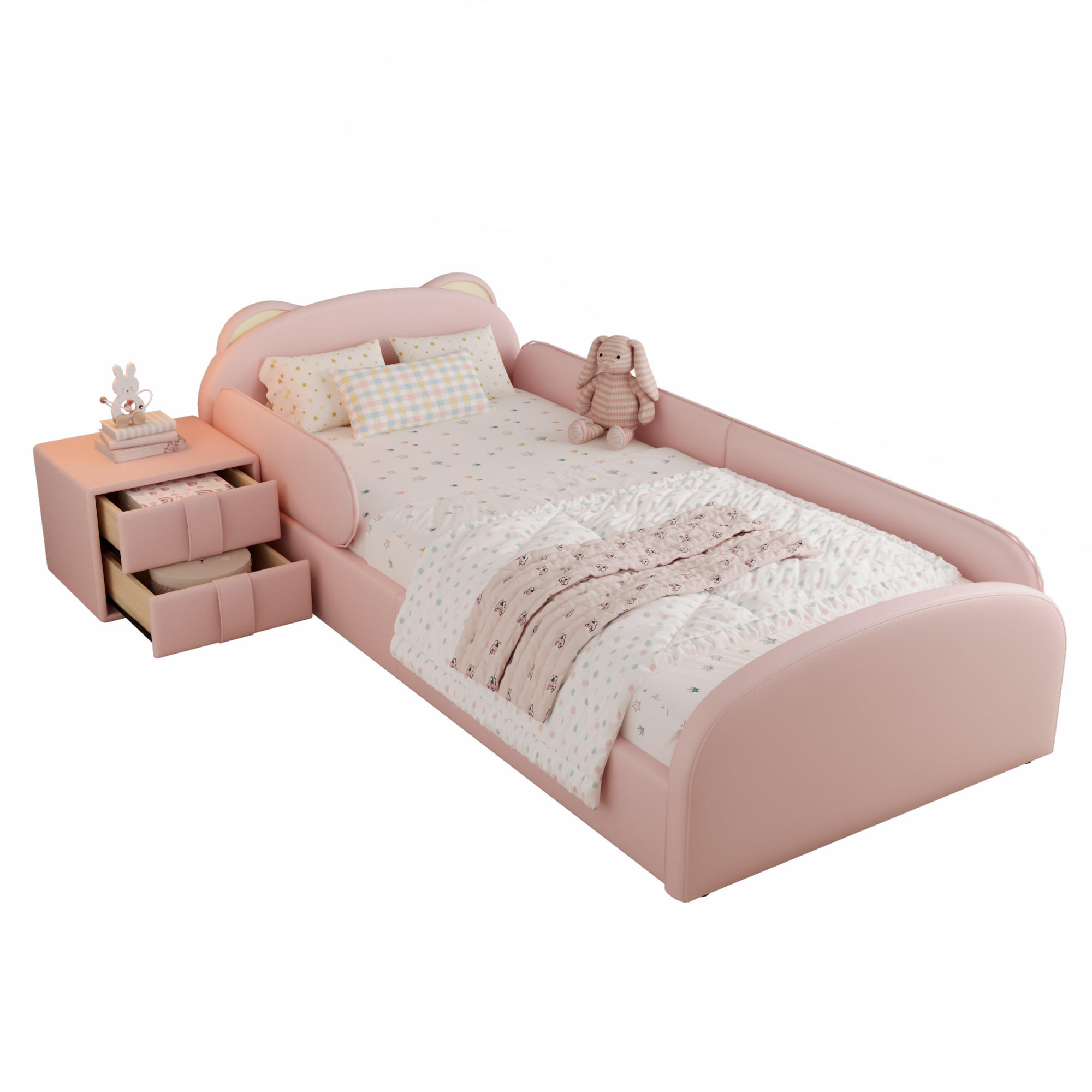 KINDERBETT 90/200 cm in Rosa mit Bären-Kopfteil und Nachttisch - Rosa, Textil (90/200cm) - BEAOK