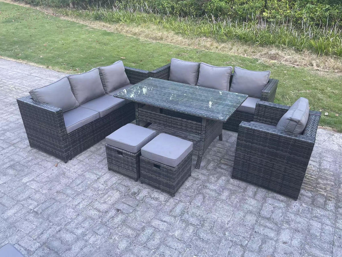 LOUNGEGARNITUR mit Hocker Polyrattan Dunkelgrau 9-Sitzer - Dunkelgrau/Grau, Glas/Kunststoff - Fimous