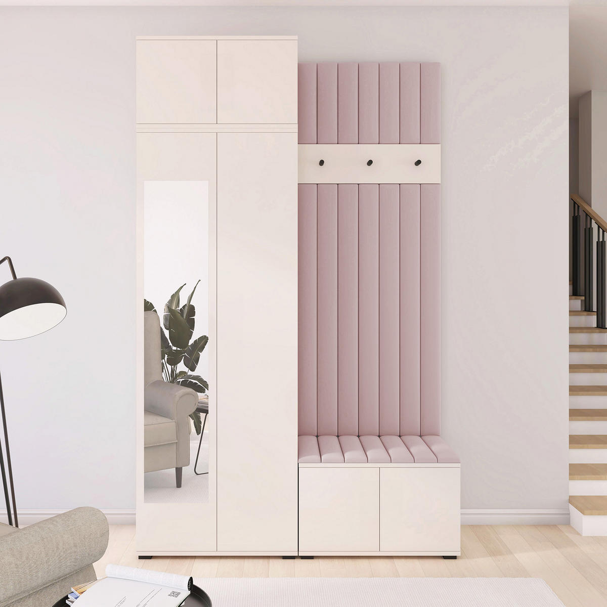 GARDEROBE Napoli version 14 mit Spiegel, mit POLSTERPANEELEN Rosa - Beige/Rosa, Holzwerkstoff (140/225/40cm) - Jerpax