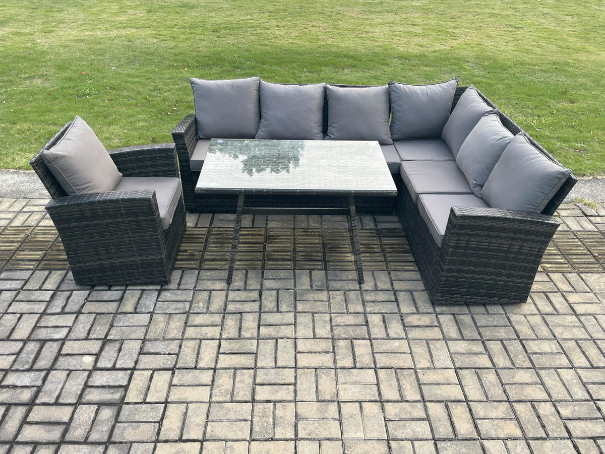 LOUNGEGARNITUR mit Esstisch Sofa Polyrattan Dunkelgrau 7-Sitzer - Dunkelgrau/Grau, Glas/Kunststoff - Fimous