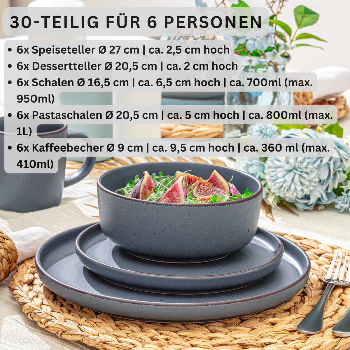 GESCHIRRSET BOMBAY GRAPHIT - 30 teilig aus Steingut - Blau, Keramik (27/9.5/27cm) - Sänger