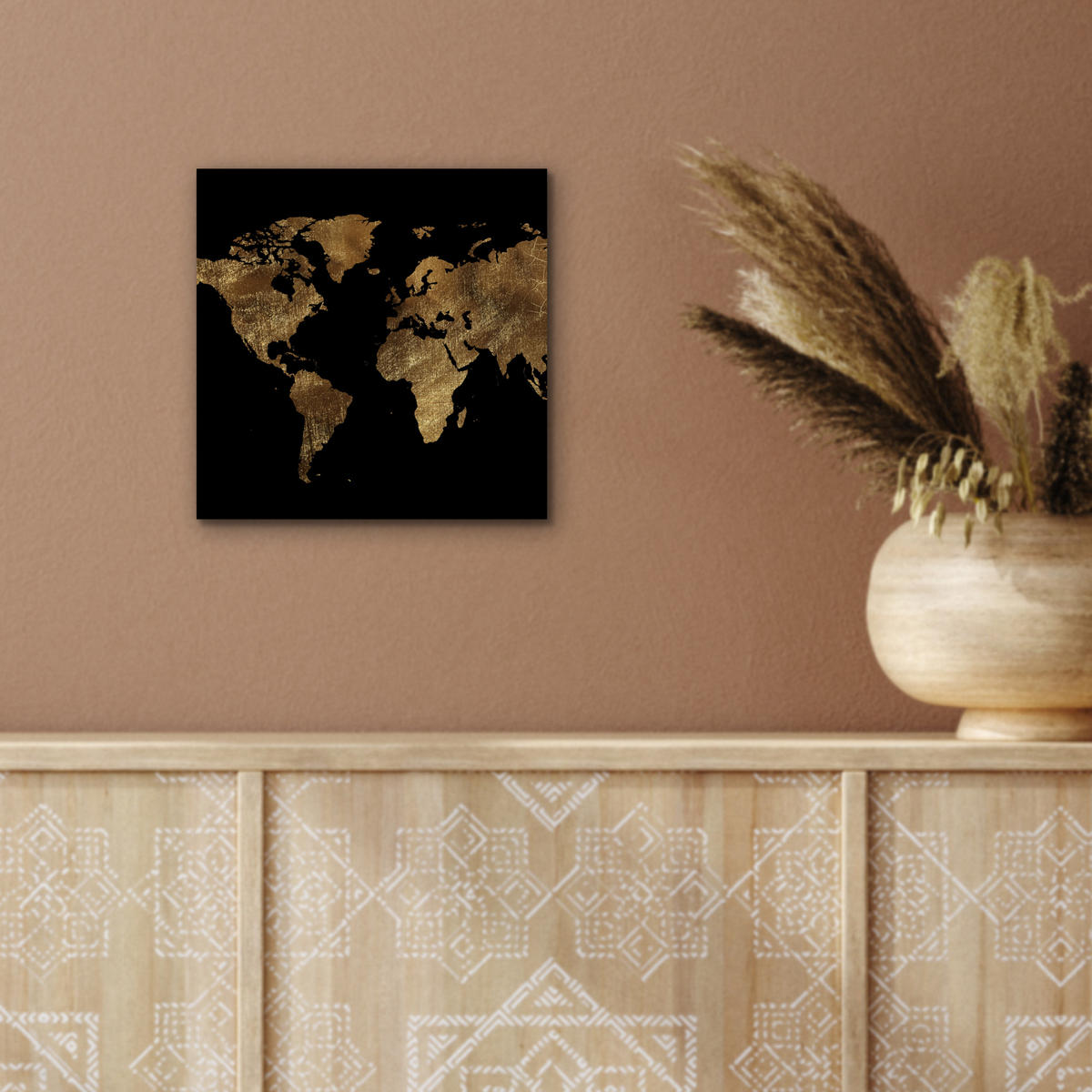 KOVOVÝ OBRAZ Mapa sveta - Zlato - Luxus - Zem - Čierna 20x20 cm - zlatá, kov (20/20cm) - MuchoWow
