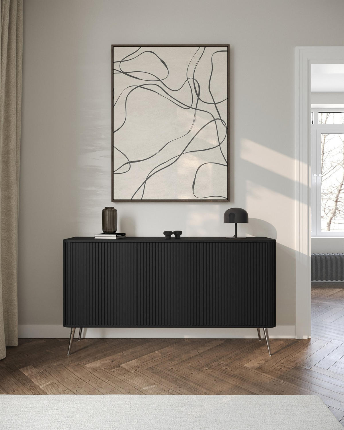 SIDEBOARD Ovarlo Schwarz mit Metallbeinen 163 cm - Silberfarben/Schwarz, Holzwerkstoff/Metall (163.2/83.8/38cm) - Selsey