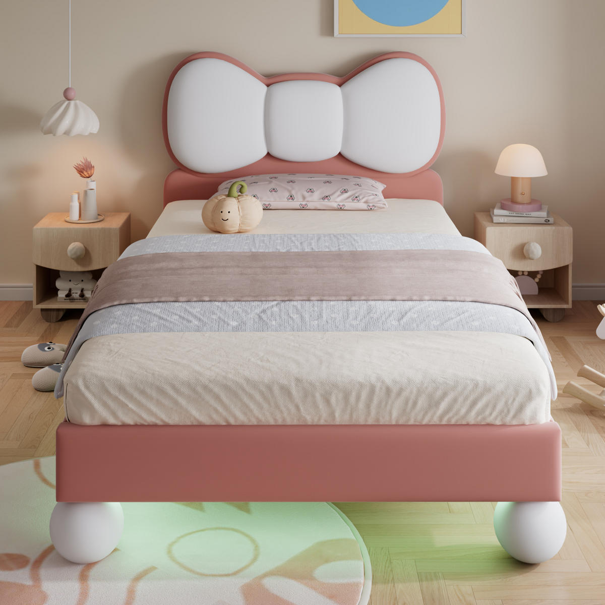 KINDERBETT 90/200 cm aus Samt mit LED-Lichtleiste und flügelförmigem Kopfteil Rosa-Beige - Rosa, Textil (90/200cm) - Modenvie