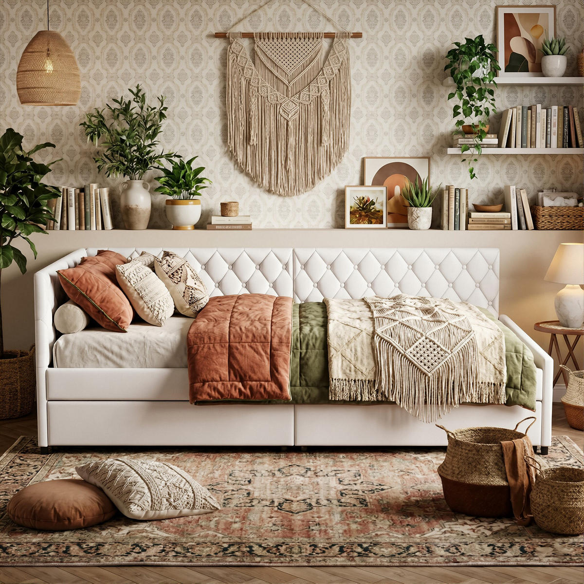 POLSTERBETT Tagesbett 90/200 cm mit Ausziehbarer Tandemliege Samtoptik Beige - Beige, Textil (90/200cm) - Creahappy