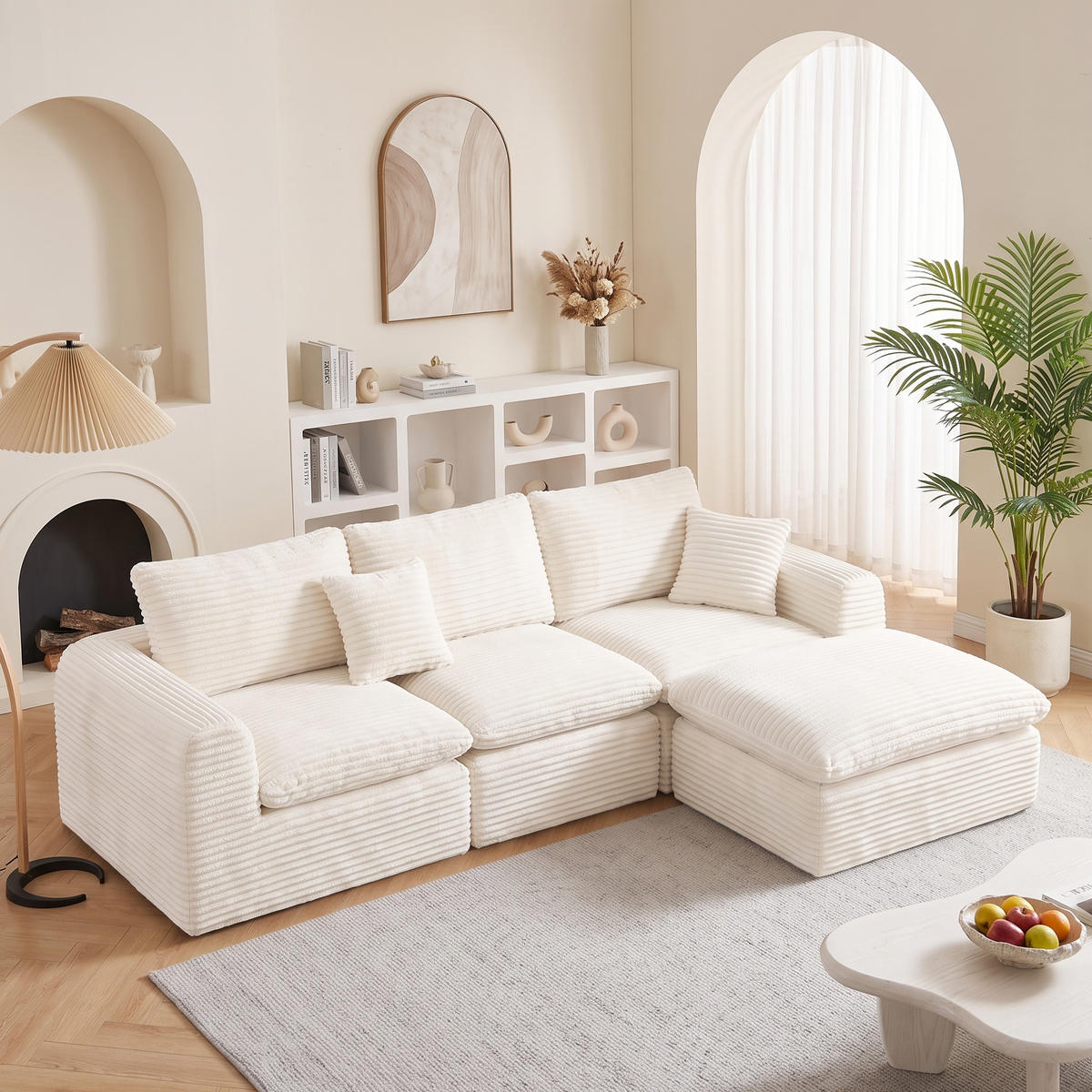ECKSOFA 280/180/65 cm Beige Cord mit 1 Fußhocker - Beige, Textil (180/280cm) - Oxeza